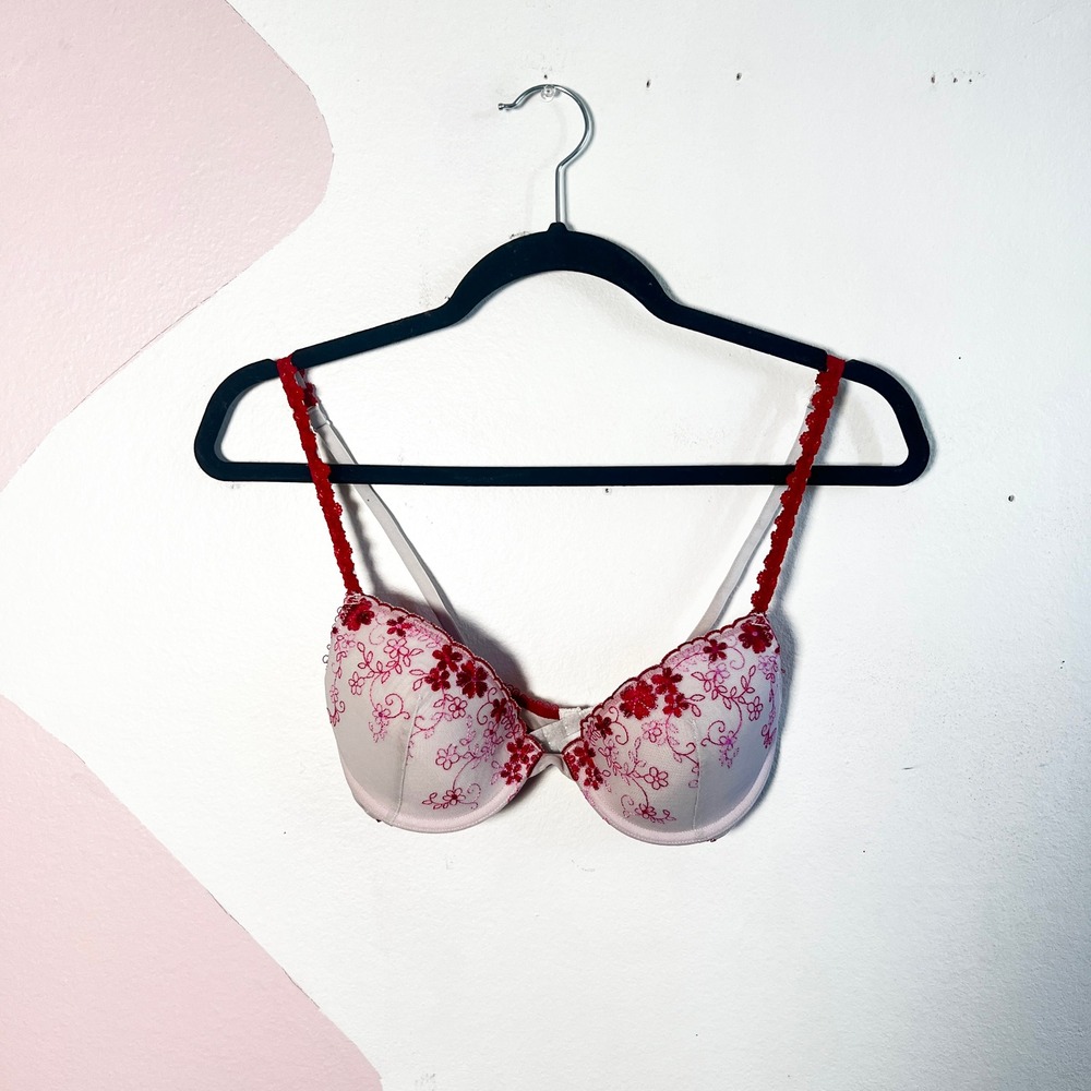 Xhilaration Floral Embroidered‎ Push Up Bra 34B Pink Red Romantic
